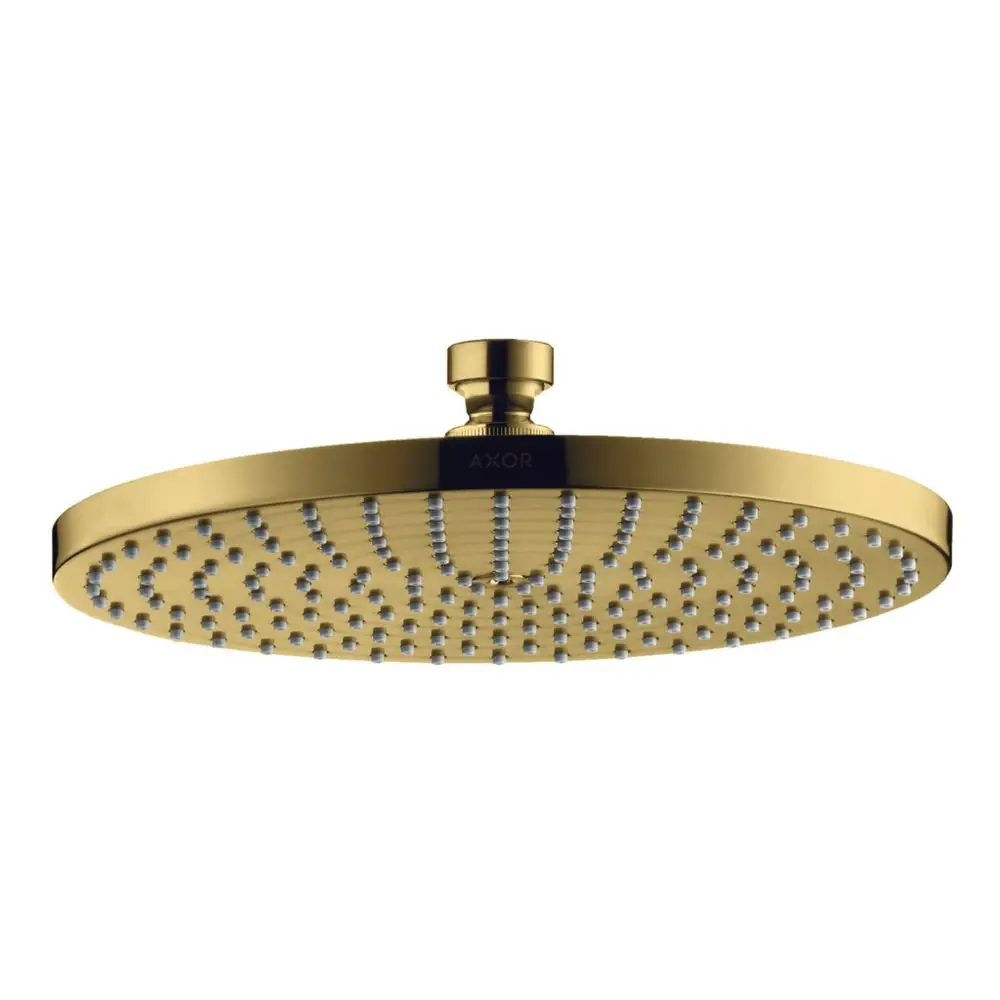 Duschkopf in runder Form, goldene Oberfläche mit gleichmäßig verteilten Düsen. Produkt von AXOR, geeignet für eine moderne Badezimmergestaltung.